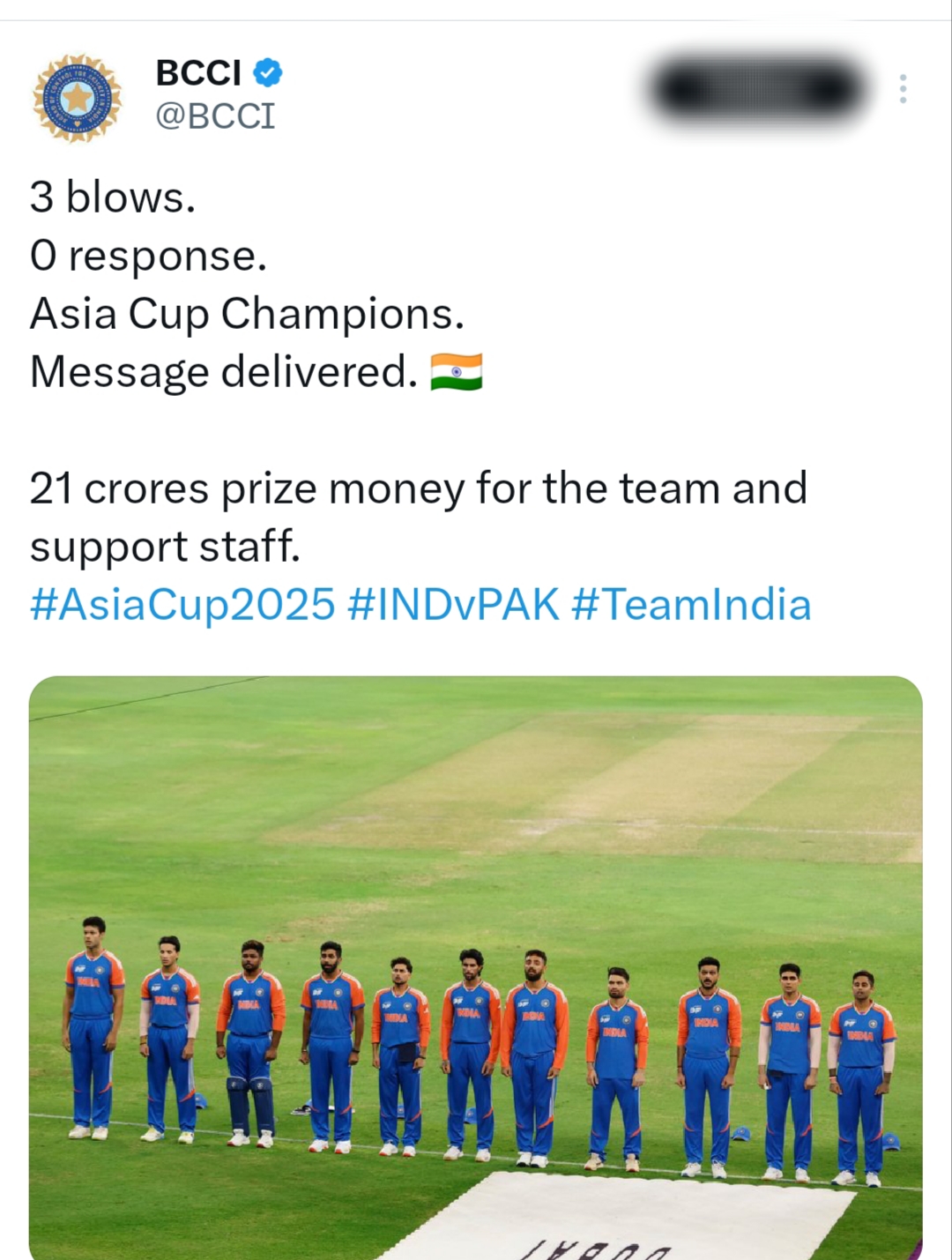 BCCI ਵੱਲੋਂ ਭਾਰਤੀ ਕ੍ਰਿਕਟ ਟੀਮ ਅਤੇ ਸਟਾਫ ਲਈ 21 ਕਰੋੜ ਦੇ ਇਨਾਮ ਦਾ ਐਲਾਨ