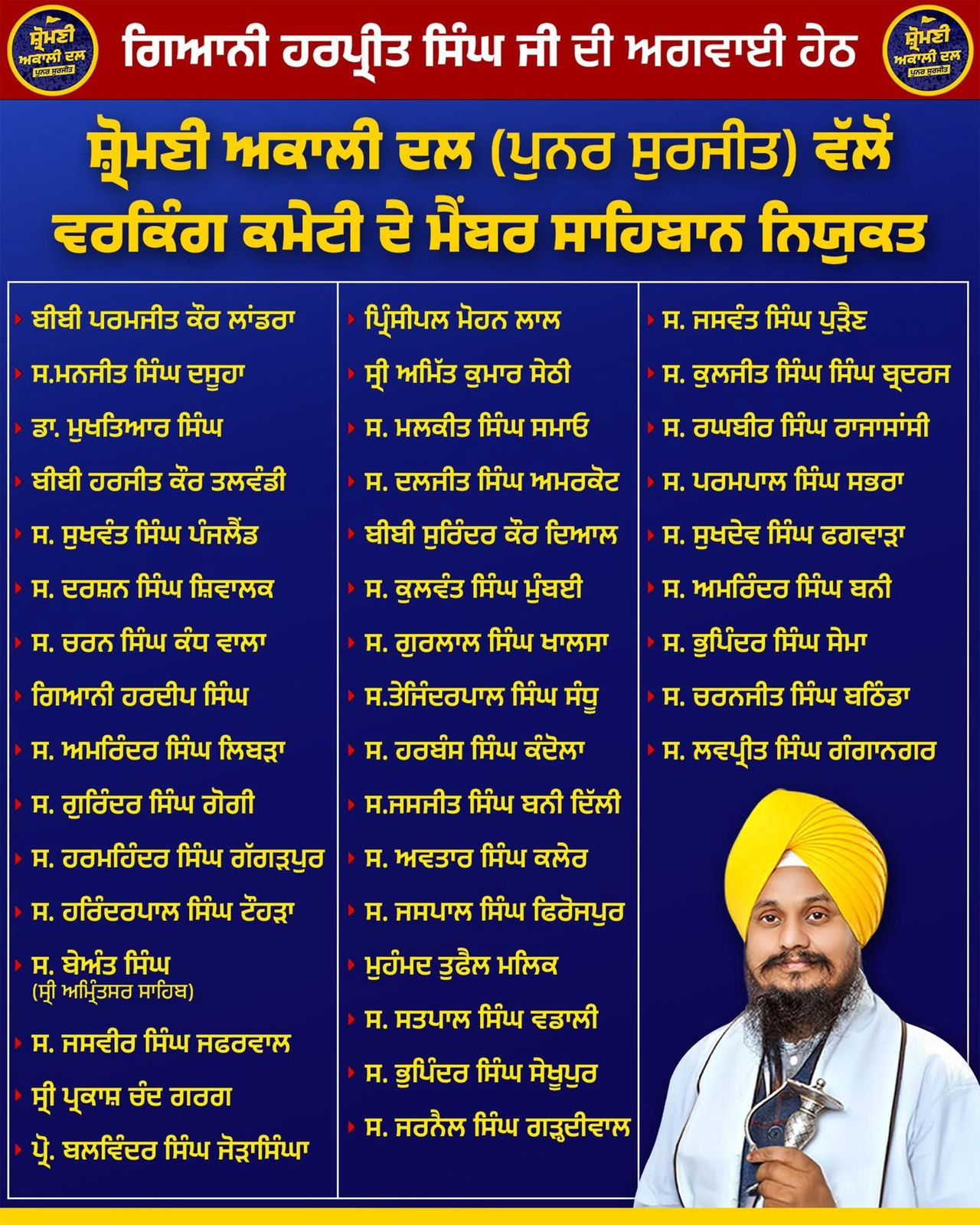 ਸ਼੍ਰੋਮਣੀ ਅਕਾਲੀ ਦਲ (ਪੁਨਰ ਸੁਰਜੀਤ) ਵੱਲੋਂ ਵਰਕਿੰਗ ਕਮੇਟੀ ਦਾ ਐਲਾਨ